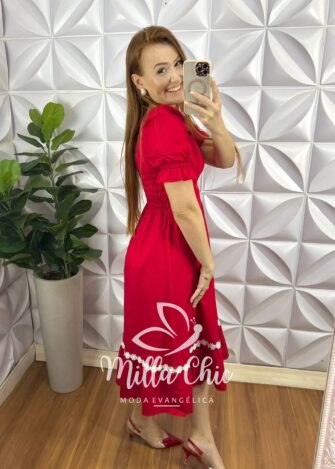 Vestido Tricoline Mídi Com Entremeio De Guippir Ana Beatriz - Vermelho - Milla Chic