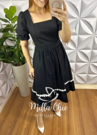 Vestido Tricoline Mídi Com Entremeio De Guippir Ana Beatriz - Preto - Milla Chic