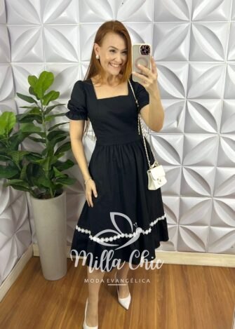 Vestido Tricoline Mídi Com Entremeio De Guippir Ana Beatriz - Preto - Milla Chic