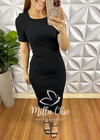 Vestido Tricot Mídi Com Fenda Lateral Layana - Preto - Milla Chic