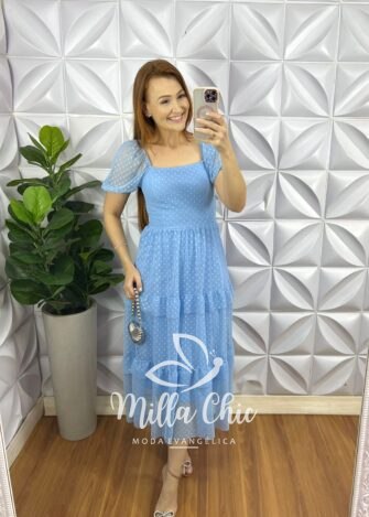 Vestido Tule Bolinha Decote Quadrado Manga Princesa Babadinhos Nas Marias Milene - Baby Blue - Milla Chic