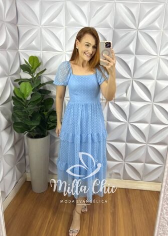 Vestido Tule Bolinha Decote Quadrado Manga Princesa Babadinhos Nas Marias Milene - Baby Blue - Milla Chic