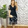 Vestido Tule Bolinha Decote V Manga Princesa Pala Na Cintura Mídi Três Marias Sandra - Preto - Milla Chic