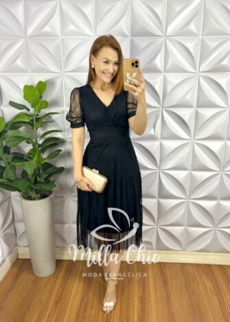 Vestido Tule Bolinha Decote V Manga Princesa Pala Na Cintura Mídi Três Marias Sandra - Preto - Milla Chic