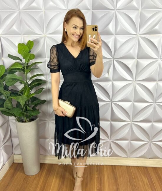 Vestido Tule Bolinha Decote V Manga Princesa Pala Na Cintura Mídi Três Marias Sandra - Preto - Milla Chic