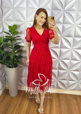 Vestido Tule Bolinha Decote V Manga Princesa Pala Na Cintura Mídi Três Marias Sandra - Vermelho - Milla Chic
