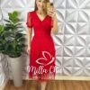 Vestido Tule Bolinha Decote V Manga Princesa Pala Na Cintura Mídi Três Marias Sandra - Vermelho - Milla Chic