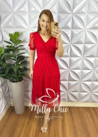 Vestido Tule Bolinha Decote V Manga Princesa Pala Na Cintura Mídi Três Marias Sandra - Vermelho - Milla Chic