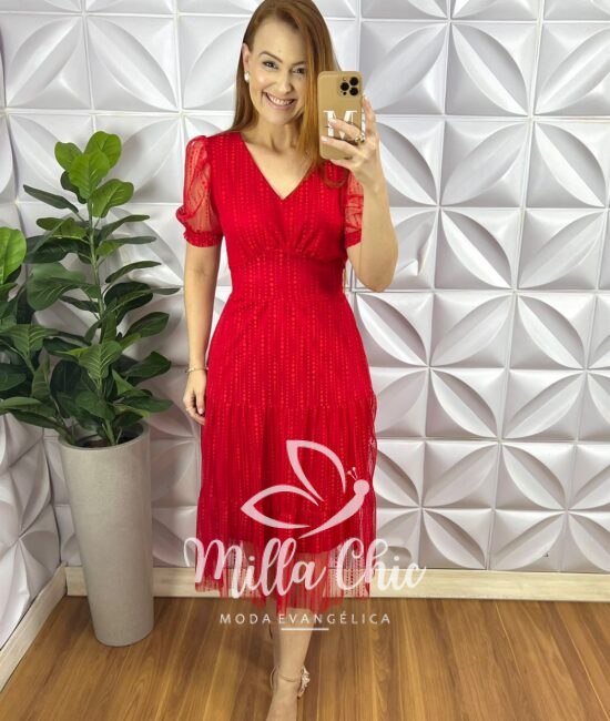 Vestido Tule Bolinha Decote V Manga Princesa Pala Na Cintura Mídi Três Marias Sandra - Vermelho - Milla Chic