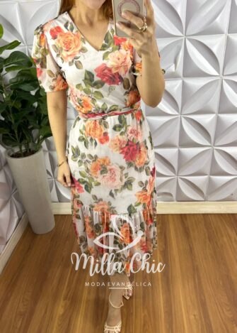 Vestido Tule Manga Princesa Decote V Com Faixa Cinto Mídi Com Babado Na Barra Soraia - Branco - Milla Chic