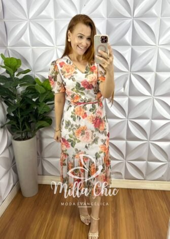 Vestido Tule Manga Princesa Decote V Com Faixa Cinto Mídi Com Babado Na Barra Soraia - Branco - Milla Chic