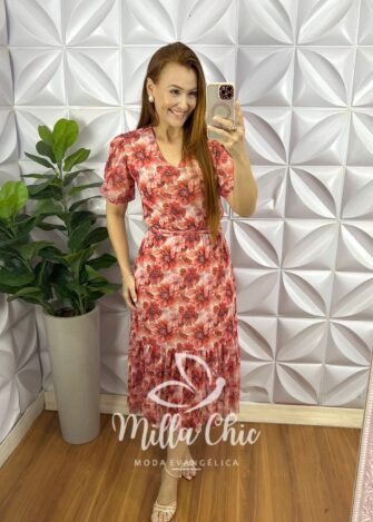 Vestido Tule Manga Princesa Decote V Com Faixa Cinto Mídi Com Babado Na Barra Soraia - Vermelho - Milla Chic