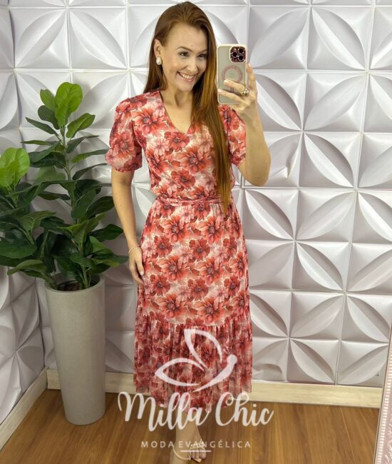 Vestido Tule Manga Princesa Decote V Com Faixa Cinto Mídi Com Babado Na Barra Soraia - Vermelho - Milla Chic