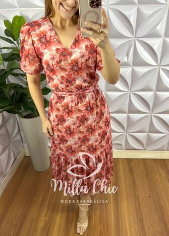 Vestido Tule Manga Princesa Decote V Com Faixa Cinto Mídi Com Babado Na Barra Soraia - Vermelho - Milla Chic