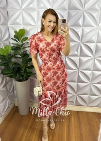 Vestido Tule Manga Princesa Decote V Com Faixa Cinto Mídi Com Babado Na Barra Soraia - Vermelho - Milla Chic