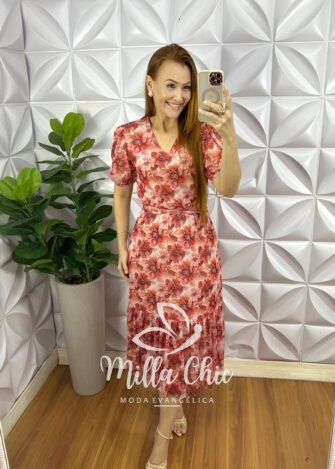 Vestido Tule Manga Princesa Decote V Com Faixa Cinto Mídi Com Babado Na Barra Soraia - Vermelho - Milla Chic
