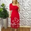 Vestido Tule Decote Quadrado Drapeados No Busto Três Marias Manga Princesa Damares - Vermelho - Milla Chic