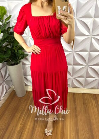Vestido Tule Decote Quadrado Drapeados No Busto Três Marias Manga Princesa Damares - Vermelho - Milla Chic