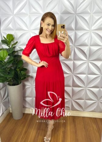 Vestido Tule Decote Quadrado Drapeados No Busto Três Marias Manga Princesa Damares - Vermelho - Milla Chic