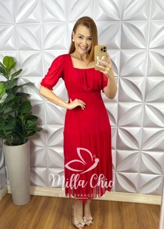 Vestido Tule Decote Quadrado Drapeados No Busto Três Marias Manga Princesa Damares - Vermelho - Milla Chic