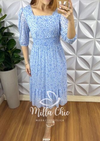 Vestido Tule Decote Quadrado Manga 3/4 Pala Na Cintura Mídi Com Babado Na Barra Anastácia - Azul (Floral) - Milla Chic