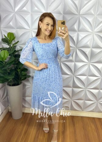 Vestido Tule Decote Quadrado Manga 3/4 Pala Na Cintura Mídi Com Babado Na Barra Anastácia - Azul (Floral) - Milla Chic