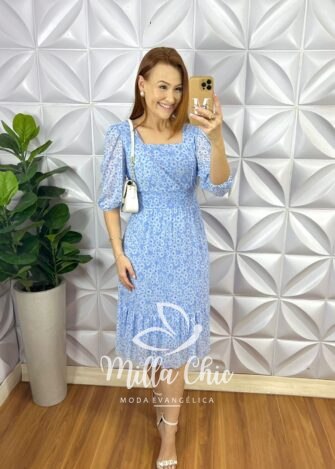 Vestido Tule Decote Quadrado Manga 3/4 Pala Na Cintura Mídi Com Babado Na Barra Anastácia - Azul (Floral) - Milla Chic