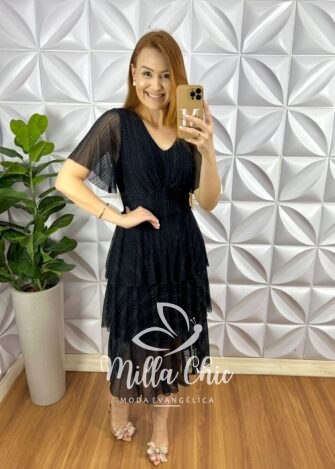 Vestido Tule Fios De Lurex Decote V Mídi Com Babados Três Marias Estrelar - Preto - Milla Chic