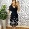 Vestido Tule Fios De Lurex Decote V Mídi Com Babados Três Marias Estrelar - Preto - Milla Chic