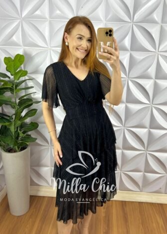 Vestido Tule Fios De Lurex Decote V Mídi Com Babados Três Marias Estrelar - Preto - Milla Chic