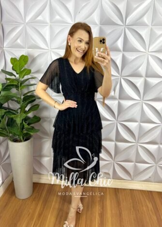 Vestido Tule Fios De Lurex Decote V Mídi Com Babados Três Marias Estrelar - Preto - Milla Chic