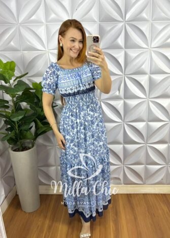 Vestido Tule Elastico No Decote Lastex Na Cintura Longo Três Marias Grécia - Azul (Estampado) - Milla Chic