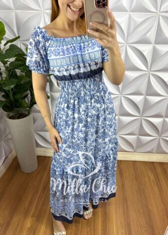 Vestido Tule Elastico No Decote Lastex Na Cintura Longo Três Marias Grécia - Azul (Estampado) - Milla Chic