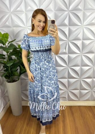 Vestido Tule Elastico No Decote Lastex Na Cintura Longo Três Marias Grécia - Azul (Estampado) - Milla Chic