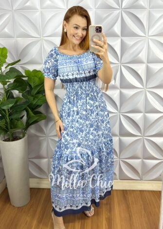 Vestido Tule Elastico No Decote Lastex Na Cintura Longo Três Marias Grécia - Azul (Estampado) - Milla Chic