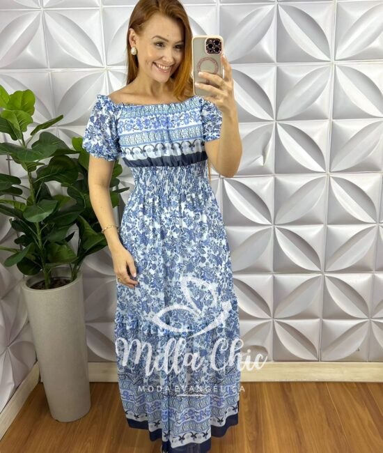 Vestido Tule Elastico No Decote Lastex Na Cintura Longo Três Marias Grécia - Azul (Estampado) - Milla Chic