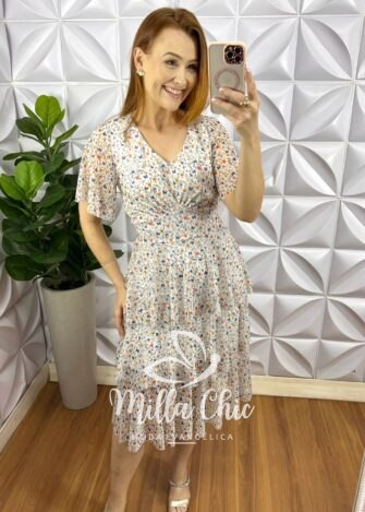 Vestido Tule Decote V Manga Soltinha Mídi Com Babados Três Marias Barbara - Branco - Milla Chic
