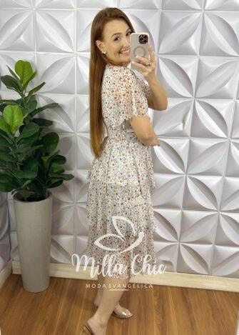 Vestido Tule Decote V Manga Soltinha Mídi Com Babados Três Marias Barbara - Branco - Milla Chic