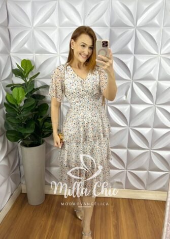 Vestido Tule Decote V Manga Soltinha Mídi Com Babados Três Marias Barbara - Branco - Milla Chic