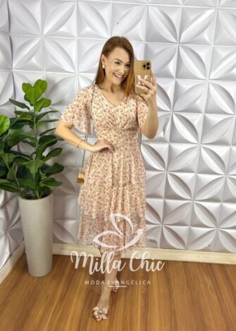 Vestido Tule Decote V Manga Soltinha Mídi Com Babados Três Marias Barbara - Nude Com Laranja - Milla Chic