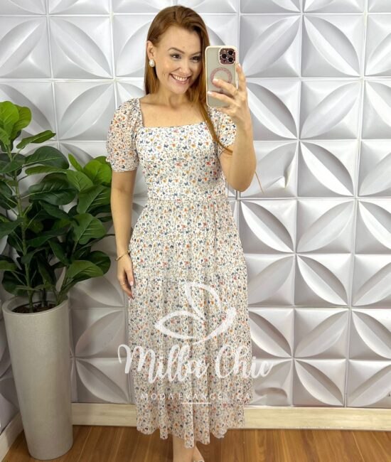 Vestido Tule Decote Quadrado Manga Princesa Lastex Nas Costas Mídi Três Marias Margarida - Branco (Borboleta) - Milla Chic