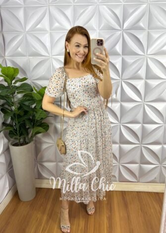 Vestido Tule Decote Quadrado Manga Princesa Lastex Nas Costas Mídi Três Marias Margarida - Branco (Borboleta) - Milla Chic