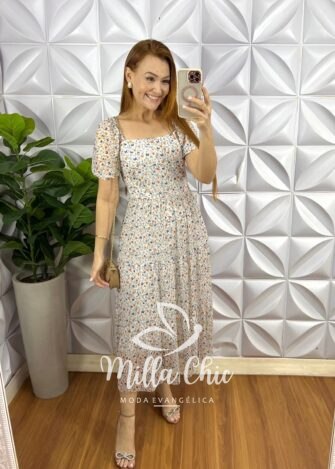 Vestido Tule Decote Quadrado Manga Princesa Lastex Nas Costas Mídi Três Marias Margarida - Branco (Borboleta) - Milla Chic
