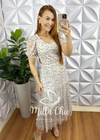 Vestido Tule Manga Princesa Com Elástico Na Cintura Mídi Três Marias Butterfly - Branco - Milla Chic