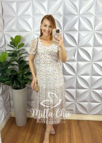 Vestido Tule Manga Princesa Com Elástico Na Cintura Mídi Três Marias Butterfly - Branco - Milla Chic