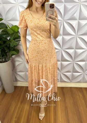 Vestido Tule Manga Princesa Com Elástico Na Cintura Mídi Três Marias Butterfly - Pêssego (Floral) - Milla Chic