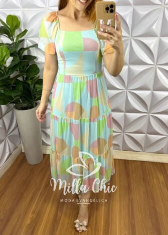Vestido Tule Mídi Com Lastex Nas Costas Estampado Margarida - Azul e Verde - Milla Chic