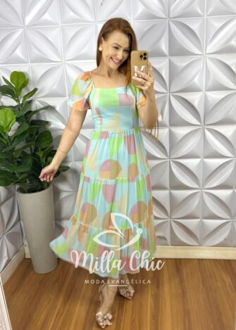 Vestido Tule Mídi Com Lastex Nas Costas Estampado Margarida - Azul e Verde - Milla Chic