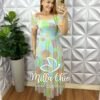 Vestido Tule Mídi Com Lastex Nas Costas Estampado Margarida - Azul e Verde - Milla Chic