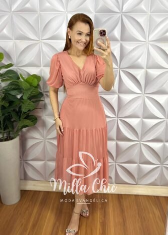 Vestido Tule Decote V Pala Na Cintura Três Marias Manga Princesa Sandra - Rose - Milla Chic